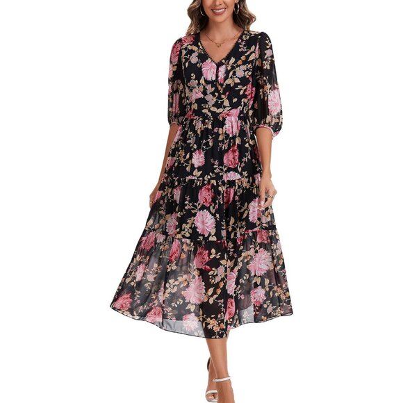 Women's Boho Chiffon Dress Large V Neck 3/4 Sleeve Long Flowy Casual - Picture 1 of 5